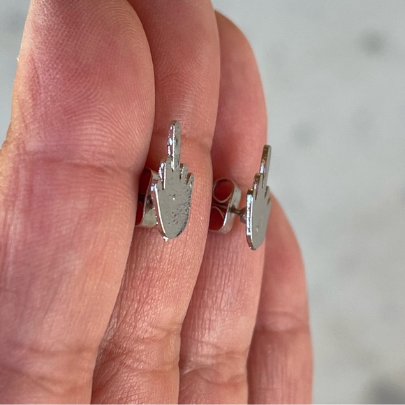 Silver middle finger f*ck you stud earrings - Picture 2 of 6